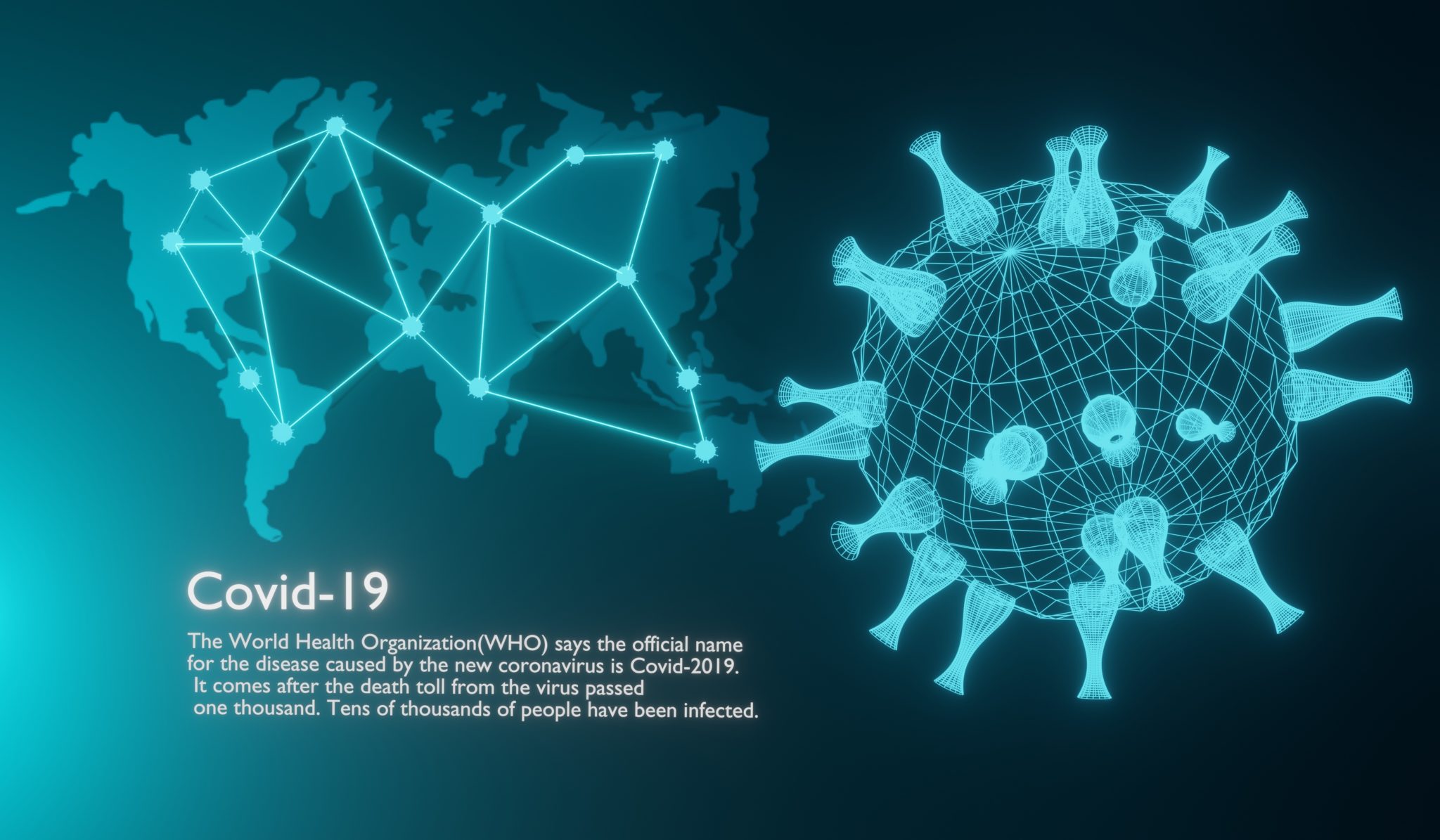 3D rendering of Covid-19 virus, World Map